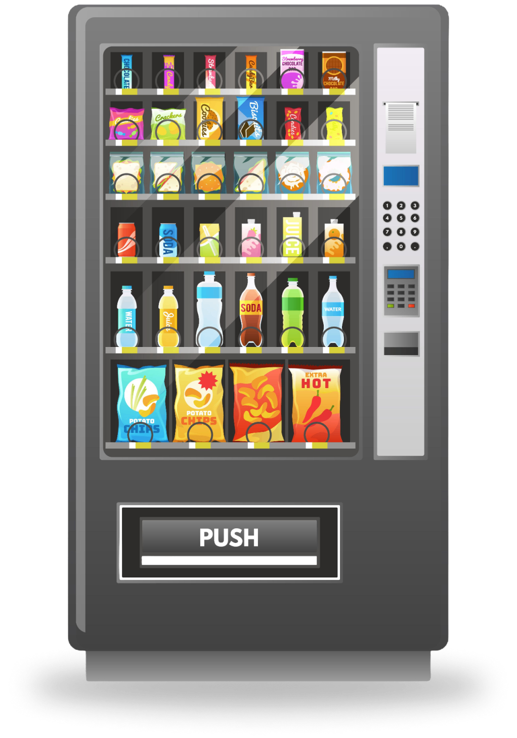 Vending machine with snacks and drinks.